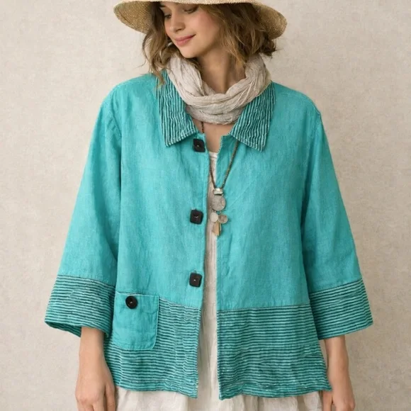 Mill Valley Clothing Co. 100% Linen Colorblock Teal Sleeve Pocket Jacket Size S - Picture 1 of 7